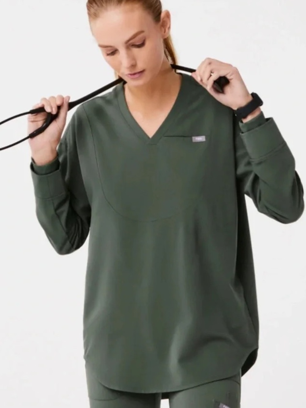 FIGS Halle V-Neck Long Sleeve Tunic Scrub Top size XL in Moss Green